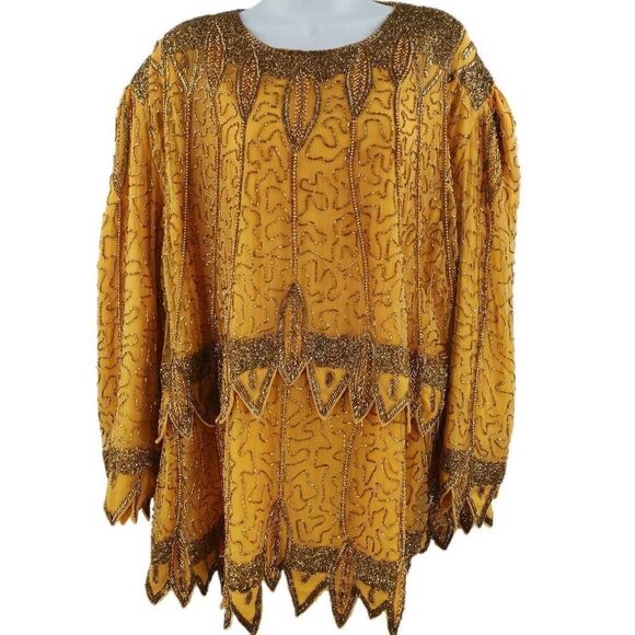 Vintage Mustard Yellow Silk Beaded Top with Gold Beading & EmbroideryTag Size